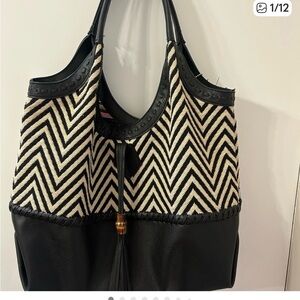 Big Buddha Black and Cream Chevron Tote